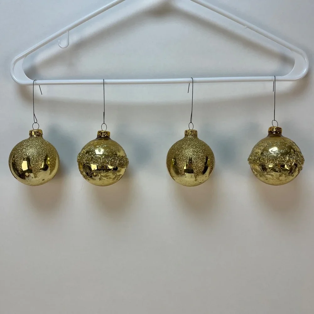 Vtg  Victoria Collection Gold Glitter‎ Glass Christmas Ornaments- 2 Boxes